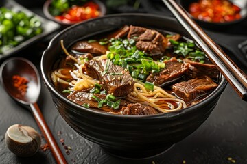 Close up of beef noodle soup with utensils