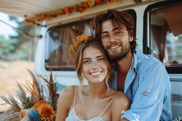 A happy young couple shares an intimate moment embracing in front of a vintage camper van - Powered by Adobe