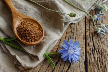 Close up of chicory granules and blue flower in wooden spoon on rough wooden table with napkin and plant