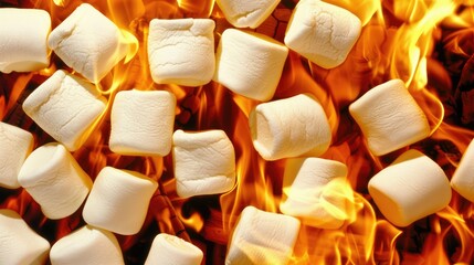 White marshmallows falling into flames of a campfire, ready for roasting
