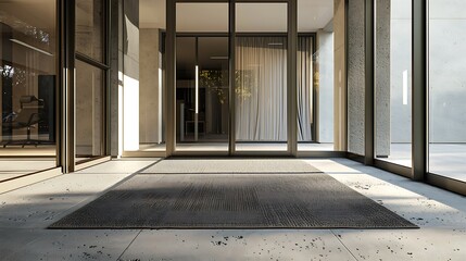 A neutral-toned mat placed at the entrance of a modern office building, complementing the architectural design