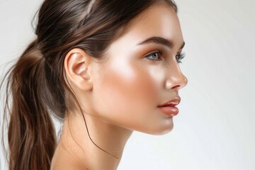An image capturing a woman with light freckles and natural makeup looking away in a contemplative manner, against a blurred background