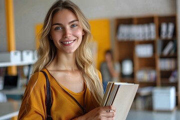 Radiant young woman smiling while holding books in a modern college library setting