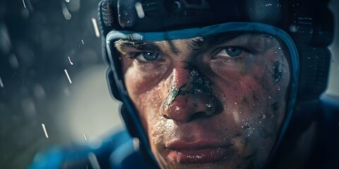 Intense Closeup of Rugby Player in Scrum Cap During Match. Concept Sports Photography, Intense Action Shot, Rugby Player, Scrum Cap, Closeup Shot