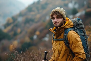 Contemplative male hiker gazes over an autumnal landscape with rolling hills during a breezy day