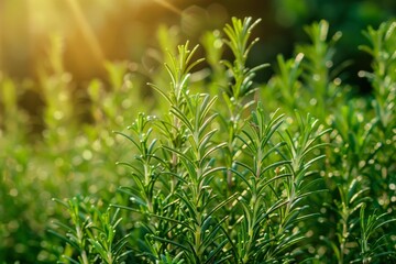 Obraz premium Close up of fresh rosemary in garden Medicinal and herbal herbs grow Green background
