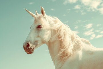 A close-up photo of a white unicorn with a long horn, standing against a bright blue sky with clouds.