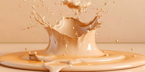 3D Beige Liquid Foundation Splash on Round Display for Cosmetics Promotion. Concept Cosmetics Display, Liquid Foundation Promotion, 3D Splash Effect