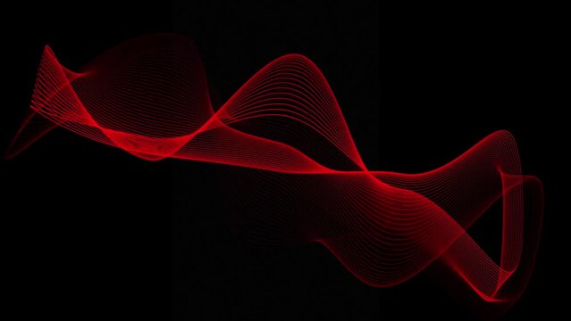 Abstract red line animation with four colour accents, spinning and flowing 3D objects, made with line art, rotating elements on the black background, backdrop motion graphic