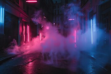 dark empty street scene with neon lights and floating smoke night view
