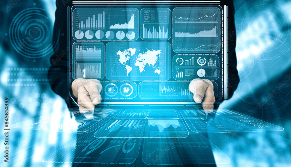 Poster big data technology for business finance analytic concept. modern interface shows massive informatio
