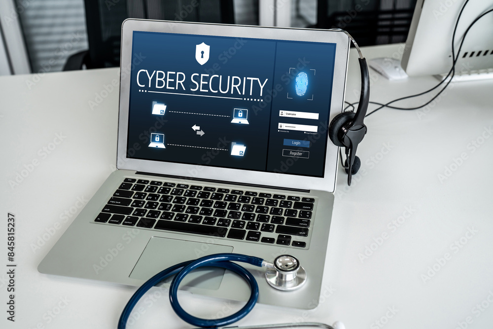 Poster cyber security system on computer screen protect private information snugly from hacker and cyber at