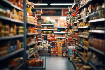 Fototapeta premium Abstract blurred supermarket aisle with colorful shelves and unrecognizable customers as background
