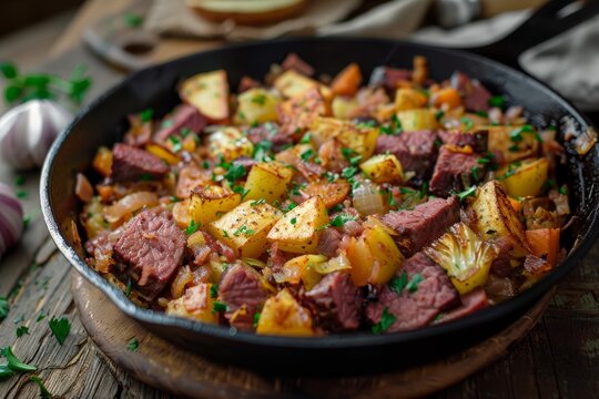 Corned beef hash cooked with vegetables in a cast iron pan