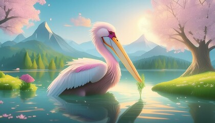 A pink pelican in the water fishing 