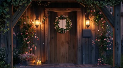 Charming rustic cottage entrance with a wooden door, floral decoration, and warm lanterns at...