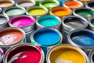 Fototapeta premium Different colors of paints in cans or colorful paint background, top view. Concept of home repair and renovation supplies.