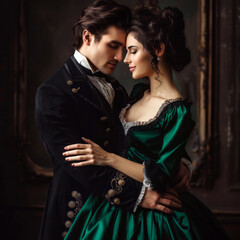 The romantic elegant couple embraces each other happily in this historical scene, Generative AI