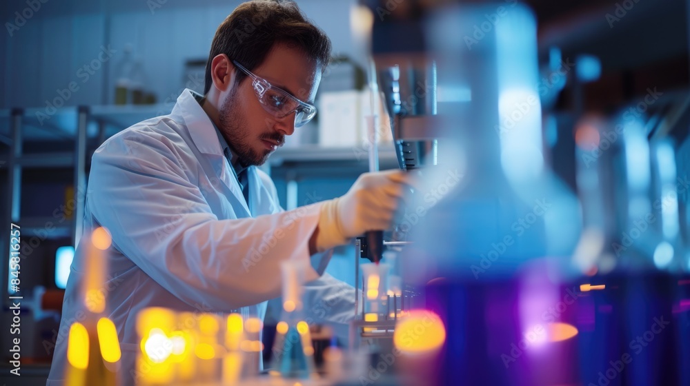Aufkleber an engineer is conducting experiments in a science lab, wearing a lab coat. aig41