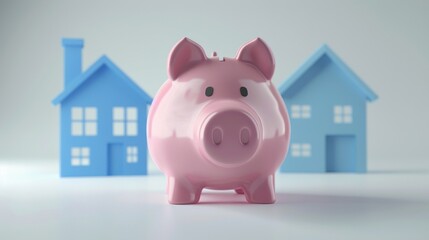 Cute piggy bank with blue house icon clip