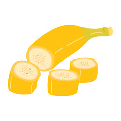 Fresh banana slice cut isolated on transparent background. Yellow tropical fruit, banana snack, healthy vegetarian and organic food. Cartoon Hand drawn trendy flat style. Vector illustration