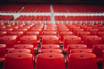 Football stadium with empty seats. Outstanding empty red plastic chair at soccer arena. Row of unoccupied bench at sports stadium