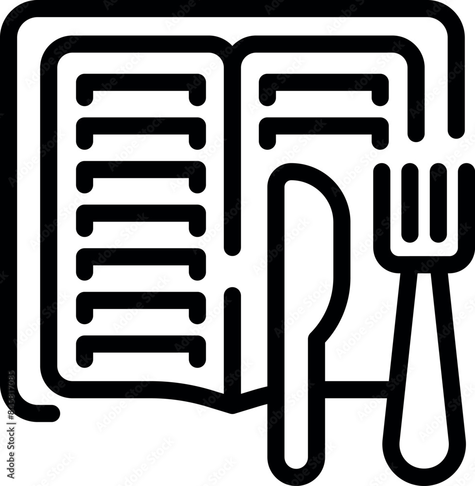 Poster open menu book with fork and knife placed on the side representing a restaurant menu