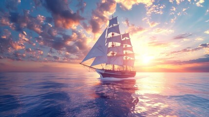 Fototapeta premium Sailing ship in sea water at sunset.