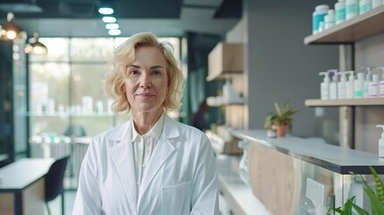 Obraz premium A real mid-age woman lab assistant stands in the reception of a modern clinic, welcoming new patients