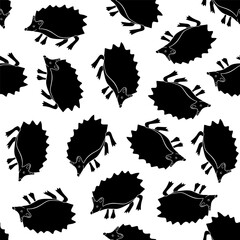 Vector isolated illustration of pattern with silhouettes of hedgehogs. Black and white pattern with animals.