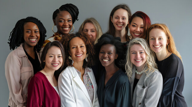 Women's Equality Day photoshoot, International Women's day photoshoot, group of diverse multiracial and multi ethnic female colleagues smiling