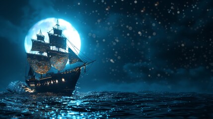 Fototapeta premium Sailing ship in sea water with giant moon.