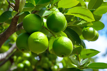 Fresh green lime hanging on a lime tree.
