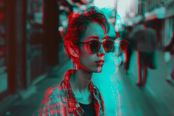 A fashionable young person in casual outfit poses with a subtle expression under an anaglyph 3D effect