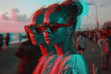 A stylized portrait of a person in an urban beach setting with a 3D anaglyph effect, adding depth and vibrancy to the image