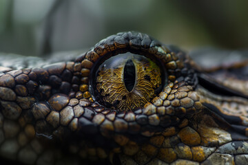Close-up view of a reptile's eye, revealing intricate scales and reflections in the eye