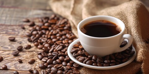 Fototapeta premium Freshly brewed black coffee in a classic white cup placed on a saucer full of coffee beans