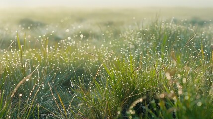 Wild grass covered in morning dew on the landscape