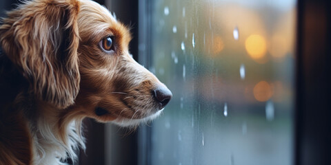 A dog looks out the window anxiously as heavy rain falls outside during a hurricane.  Hurricane Preparedness Week, National Hurricane Center events, Disaster Preparedness Month