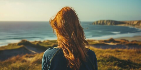 A serene image of a woman gazing out at a beach from the elevation of a cliff, symbolizing reflection