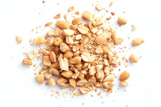 Crumbled peanuts broken roasted nuts heap of peanut crumbs whole groundnut pieces fried fractions on white background