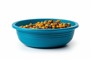 Cyan plastic bowl with pet food isolated on white background