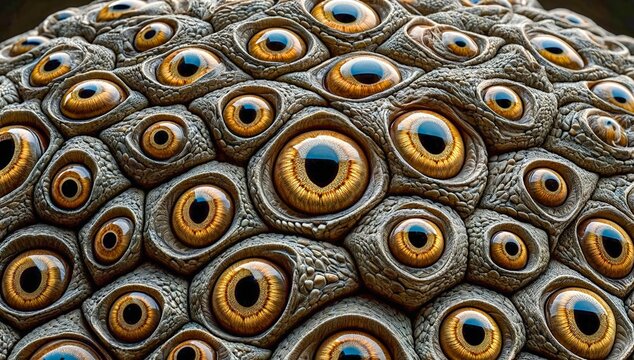 Cluster of numerous eyes embedded in a reptilian-like texture, creating a surreal and trypophobia-inducing effect.
