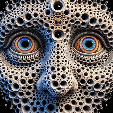 Surreal Face with Blue Eyes and Symmetrical Hole Patterns. Trypophobia.