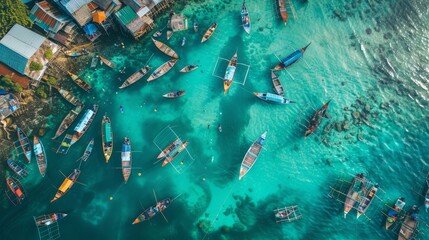 Bustling fishing village with traditional boats on turquoise sea, travel and cultural diversity...