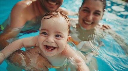 Dad mom and smiling baby in swimming pool.