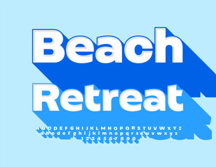 Vector travel advertisement Beach Retreat. Bright 3D Font with Blue Big Shadow. Creative Alphabet Letters and Numbers set.