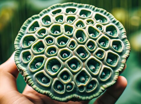 Lotus Seed Pod Close-Up with Symmetrical Holes, Trypophobia.