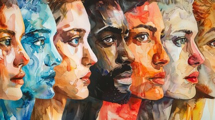Artistic montage of diverse faces in watercolor, celebrating cultural diversity and heritage