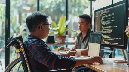 Asian programmer with chronic impairment collaborating with it engineer on software code in modern agency office, app developer in wheelchair working on html script in terminal window